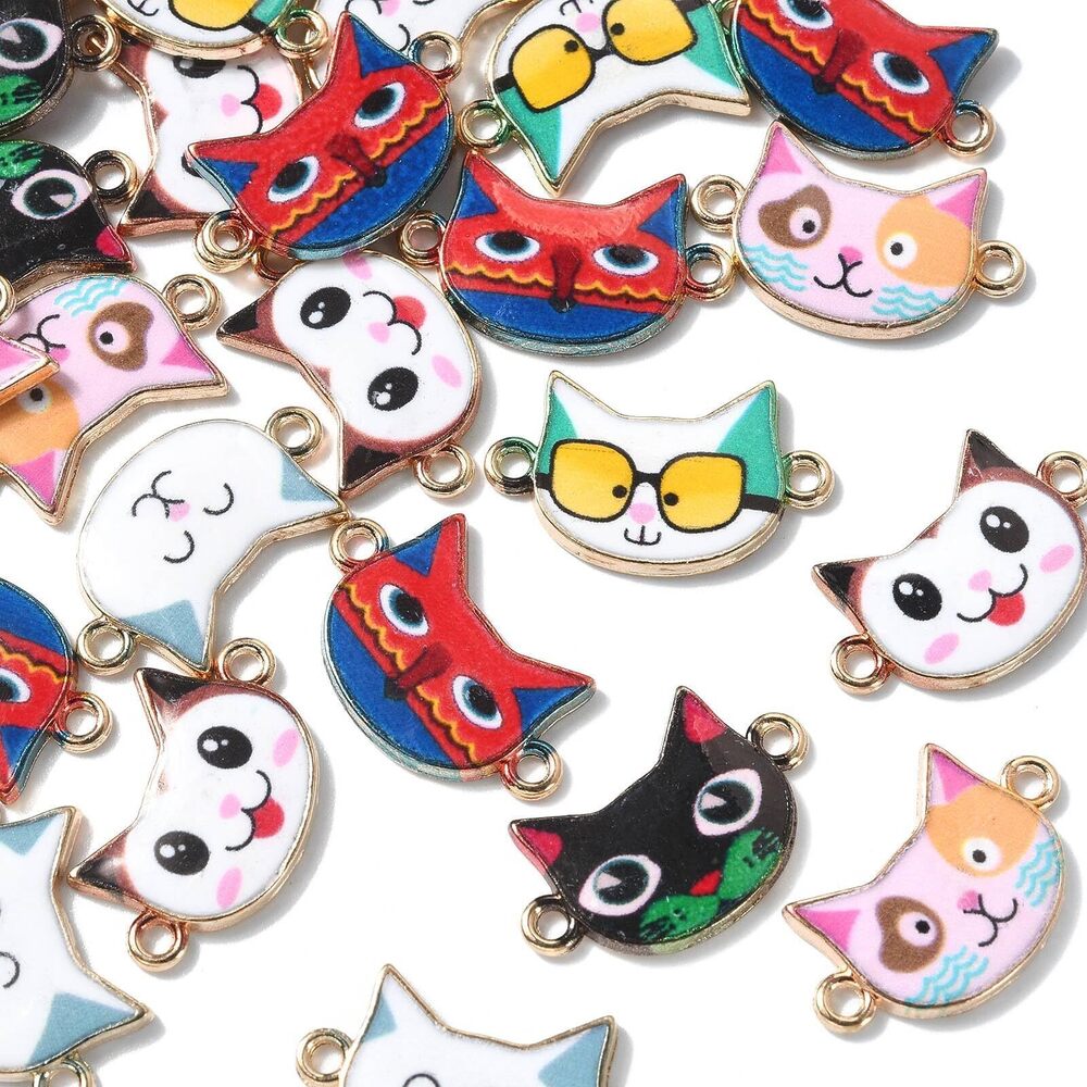 6326 30 Pcs 6 Styles Enamel Cat Connector Charms Colorful Animal Kitten